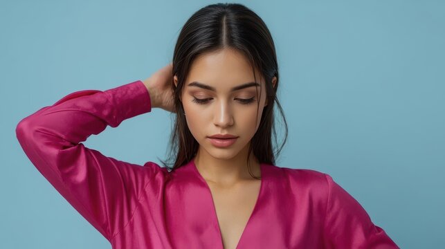Young woman with dark hair wearing a pink satin blouse looking down hand behind head