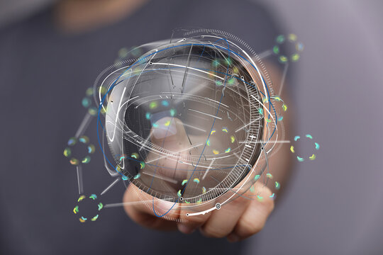 Hand holding futuristic digital globe.  Network, technology, connection, innovation concept.