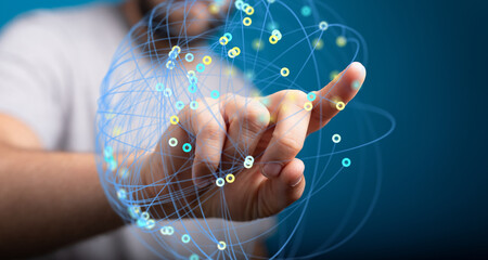 Hand interacting with a digital network.  Global connection, data, technology concept.