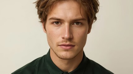 Obraz premium Close up portrait of a young man with light brown hair and brown eyes wearing a dark green shirt