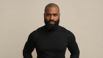 Obraz premium A man with a beard and bald head wearing a black turtleneck sweater looking directly at the camera