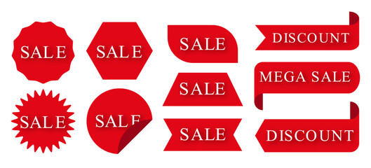 Set of new stickers, sale tags and labels. Shopping stickers and badges for merchandise and promotion, special offer, new collection, discount etc. Red stickers for web banners