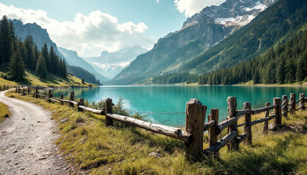 A turquoise lake bordered by a wooden fence and path, with tree-covered mountains under bright sunlight.
- Powered by Adobe