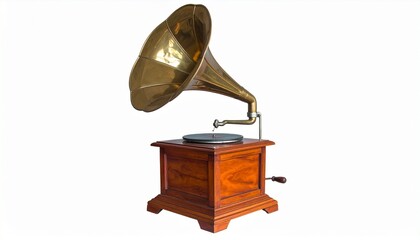 Vintage gramophone with brass horn and wooden base on neutral background.