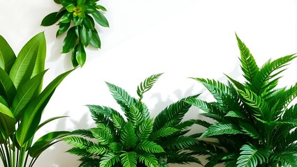Lush green indoor plants with varying textures and shapes, soft gentle shadows.  ideal for commercial or professional use.