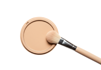 Beige compact powder with brush for smooth face makeup application. Cut out PNG