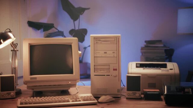 Retro pc computer gaming, Desktop vintage with loading code console, programmer making scripts, green basic screen, Old computer studio close-up, retro wave display, late 90s PC.