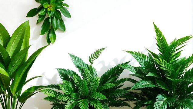 Lush green indoor plants with varying textures and shapes, soft gentle shadows.  ideal for commercial or professional use.