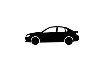 Fototapeta premium Silhouette of a black sedan car with visible wheels and windows on a white background plain view