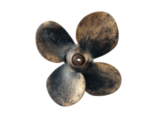 Old bronze boat propeller with four blades metal marine, Isolated, Png Transparent Background