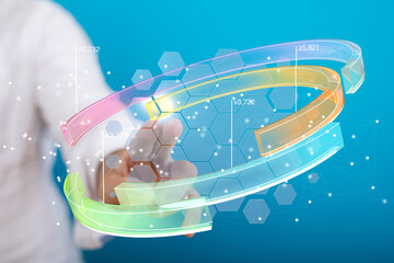 Person interacts with a futuristic digital dashboard showing data analysis and visualization.