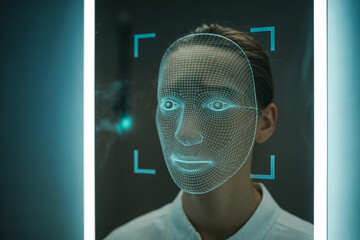 Futuristic technology scans a woman s face with digital overlay and biometric identification markers