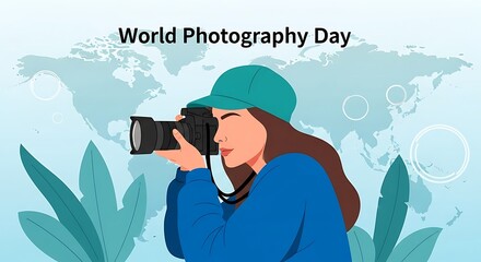 Vector art of world photography day celebration with a woman photographer capturing a moment with her camera, surrounded by plants and a world map