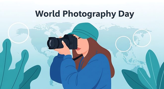 Vector art of world photography day celebration with a photographer capturing an image with a camera, symbolizing the art and passion of visual storytelling