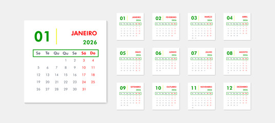 Colorful portuguese calendar for 2026. Large month of January on left, thumbnails of all months on right, Monday week start