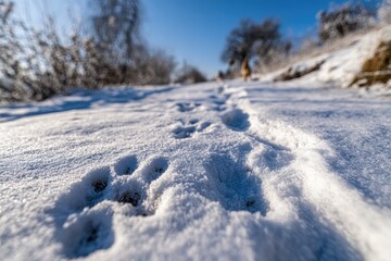 Animal tracks in fresh snow, bright sunny day