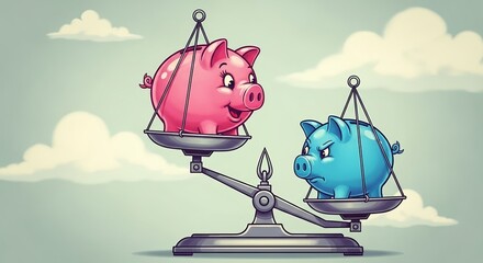 Cute cartoon pigs on a balance scale highlighting the theme of financial decisions and savings options