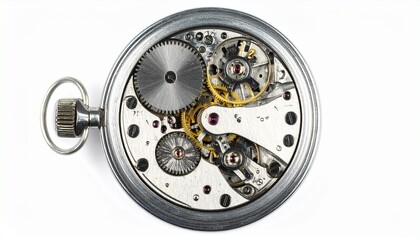 Open antique pocket watch revealing intricate inner gears and mechanical components, displayed on white background.