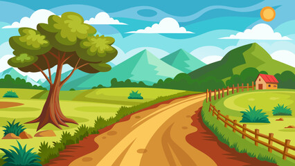 Fototapeta premium Vector art of a winding dirt road leads through a picturesque countryside landscape with rolling green hills, trees, and a small house under a bright sunny sky