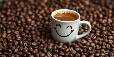 Fototapeta premium Cheerful coffee cup with a smiling face amidst a scattering of coffee beans, cheerful, beverage