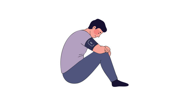 Minimalist Vector Illustration of Sad Man Sitting in Thought in Calm Color Palette in Modern Style for Emotional Wellbeing Design