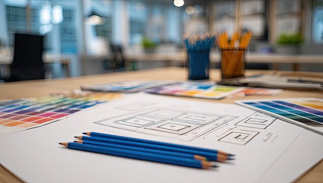 A wood desk holds website wireframes, color palettes, pencils, and other design tools in a blurred creative workspace