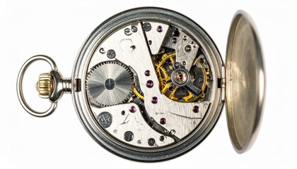 Open antique pocket watch revealing intricate inner gears and mechanical components, displayed on white background.