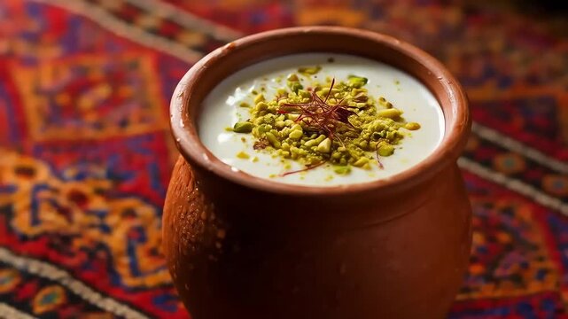 Chilled lassi in clay kulhad with saffron and pistachios on colorful textile
