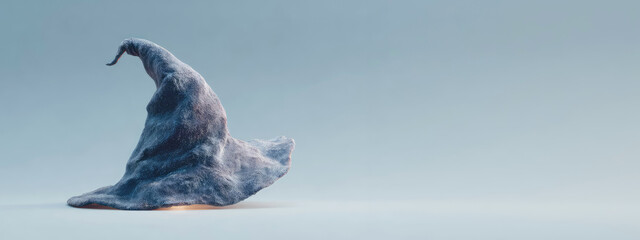 Realistic aged witch hat with a curved tip on a light background with space for text or design.