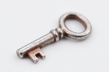 Shiny metal key with intricate design reflecting light on neutra