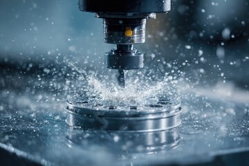 CNC machining process, metal cutting. Water spray