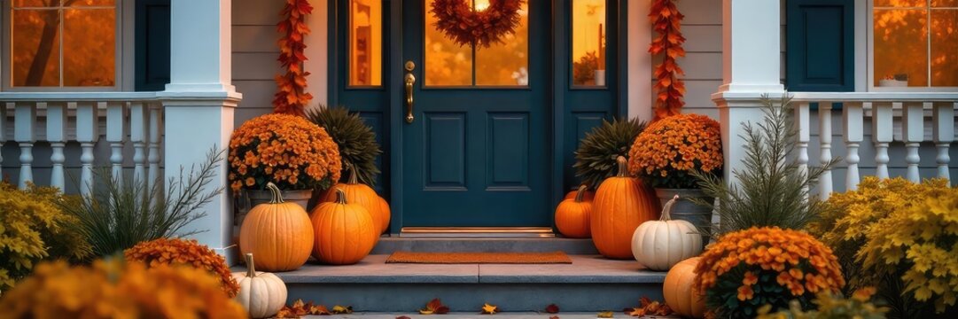A charming autumnal front porch display featuring pumpkins, gourds, fall foliage, and warm lighting creates a welcoming ambiance Perfect for seasonal home decor inspiration , welcome, home, natural - Powered by Adobe