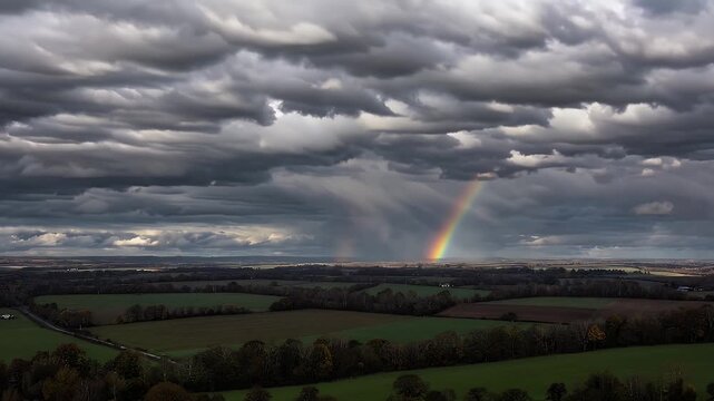 A high definition timelapse of a countryside landscape with rain clouds and a rainbow forming on the horizon showcasing nature&rsquo;s unpredictability autumn beauty and changing weather patterns over