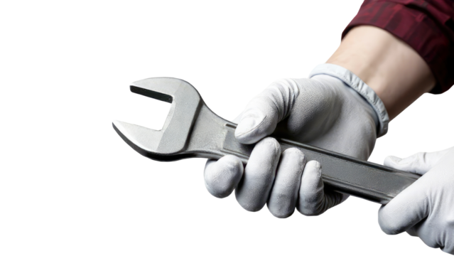 Closeup Man hand in glove with wrench, PNG, cut out background. Repair, workshop, auto mechanic