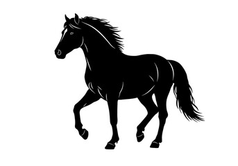 Fototapeta premium Silhouette of a black horse with flowing mane and tail in a prancing pose on a white background