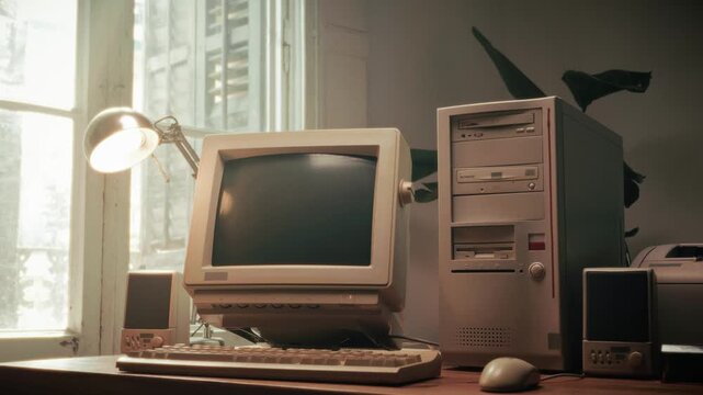 Retro pc computer gaming, Desktop vintage with loading code console, programmer making scripts, green basic screen, Old computer studio close-up, retro wave display, late 90s PC.
