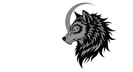 Minimalist Vector Illustration of Wolf Head with Moon in Monochrome Palette in Modern Style