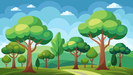 Vector art of a charming cartoon depiction of a serene forest scene featuring diverse trees, a winding path, gentle hills, and a clear blue sky with scattered clouds