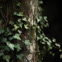 Close-up of ivy clinging to a tree trunk. Lush green ivy leaves cascade down a light gray-white tree trunk.  Dark background