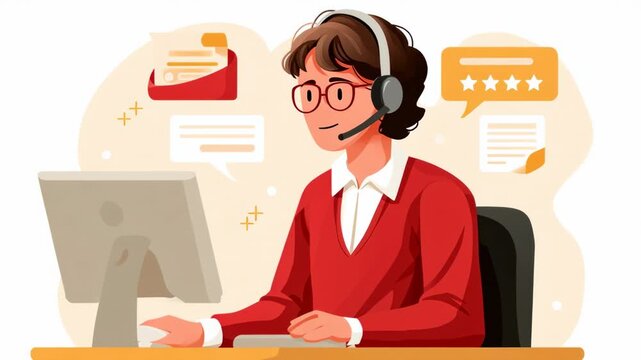 Flat design features a customer service representative engaging with clients using a computer and headset. The background includes communication icons, emphasizing customer support