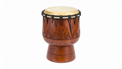 Traditional wooden djembe drum with rope tuning and carved base, displayed on white background.