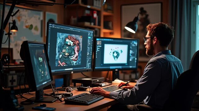 A man works on a computer with multiple monitors, editing images in a home office setting.
