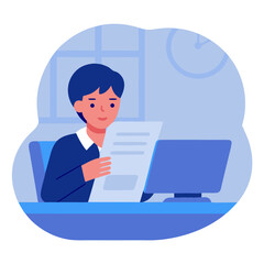 Obraz premium Young man reading report while sitting at desk with laptop 