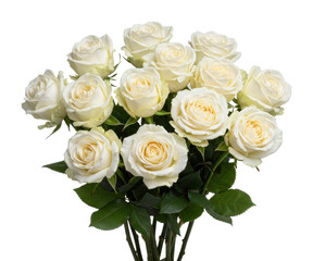 Obraz premium Elegant bouquet of white roses with lush green leaves. Cut out PNG