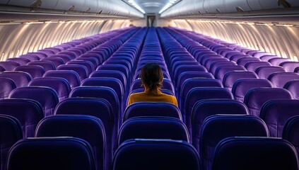 Fototapeta premium Empty airplane cabin, single passenger