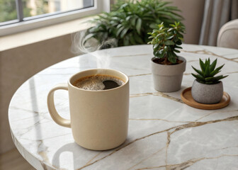 Beige ceramic mug on a white marble table beside a small green plant, soft natural light and calm tones.