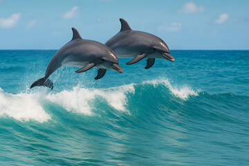 Fototapeta premium Two dolphins jumping gracefully over ocean waves in clear blue tropical sea, marine wildlife in natural habitat, playful aquatic mammals leaping above water surface under bright sunny sky coastal scen