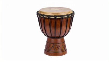 Traditional wooden djembe drum with rope tuning and carved base, displayed on white background.