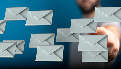 Abstract image of emails flying towards a hand, symbolizing digital communication, inbox, email marketing.