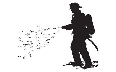 Naklejka premium Firefighter Silhouette Vector Hero Spraying Hose in Action Graphic Art